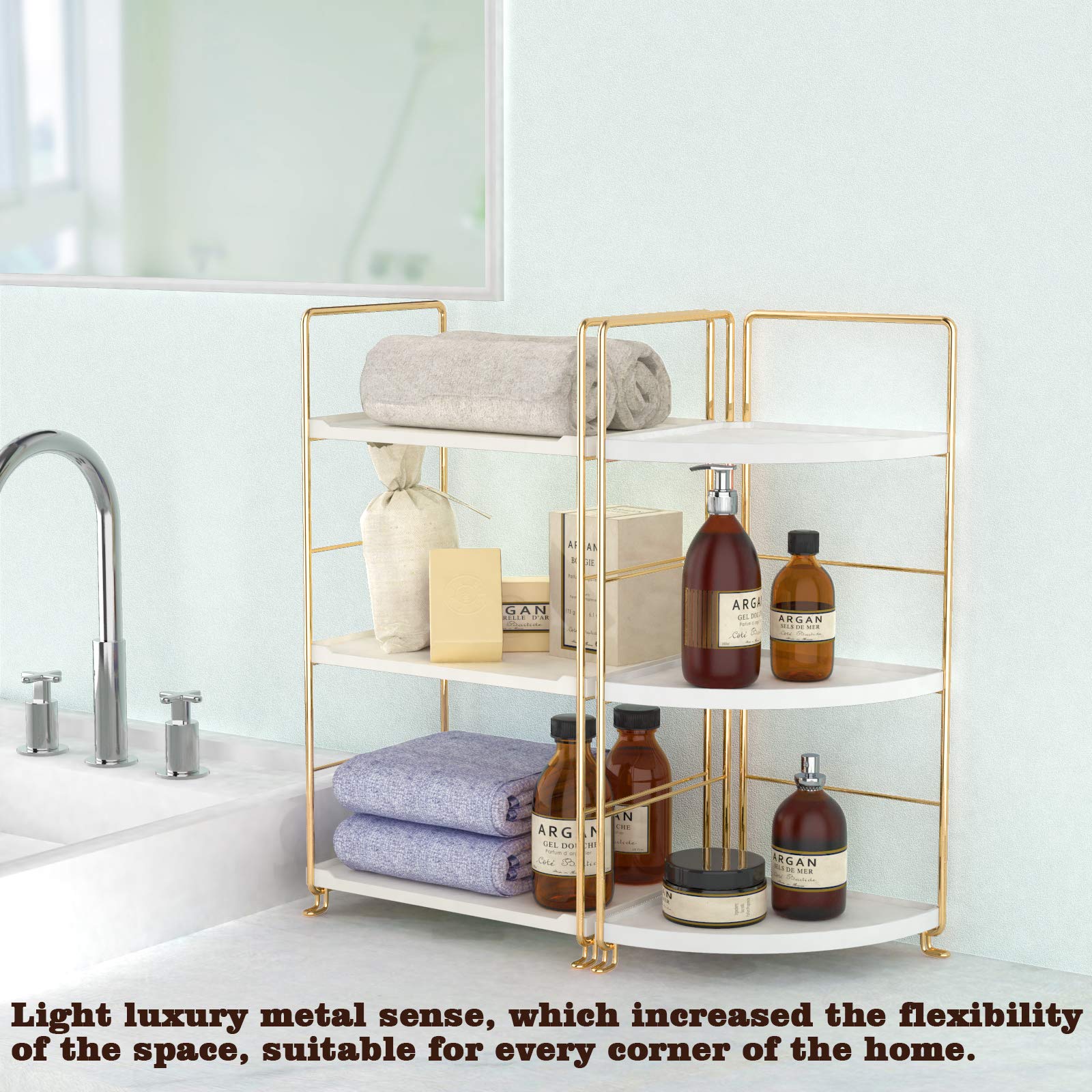 3 Tier Kitchen Spice Rack and Triangle Bathroom Countertop Storage Shelf Stackable Organizer for Kitchen and Cosmetics in Golden Finish - View 8 of 9