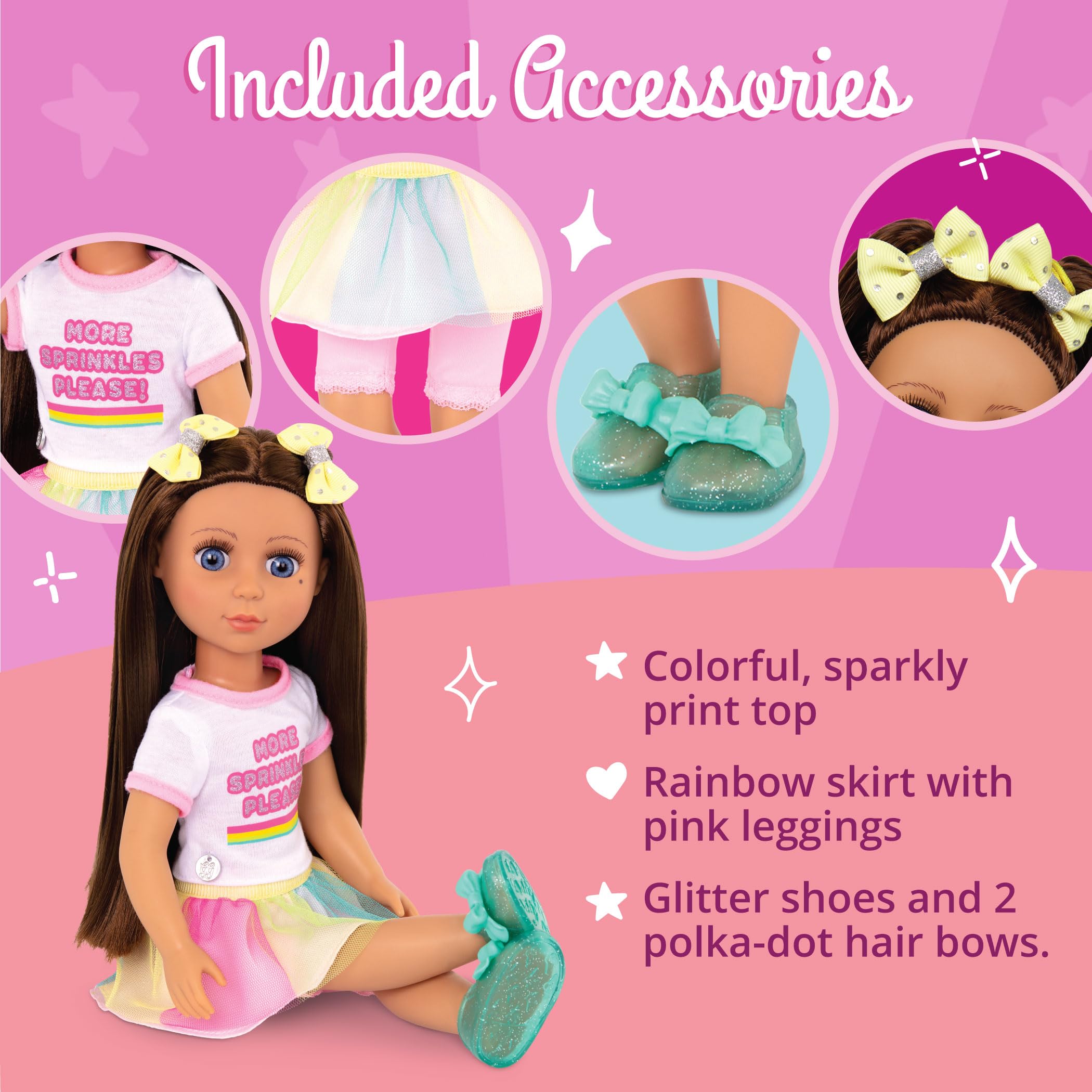 Glitter Girls 14 Inch Fashion Doll Kika with Brown Hair Blue Eyes Ice Cream Outfit Tutu Skirt Hair Bow Glitter Sandals for Ages 3 and Up - View 3 of 7