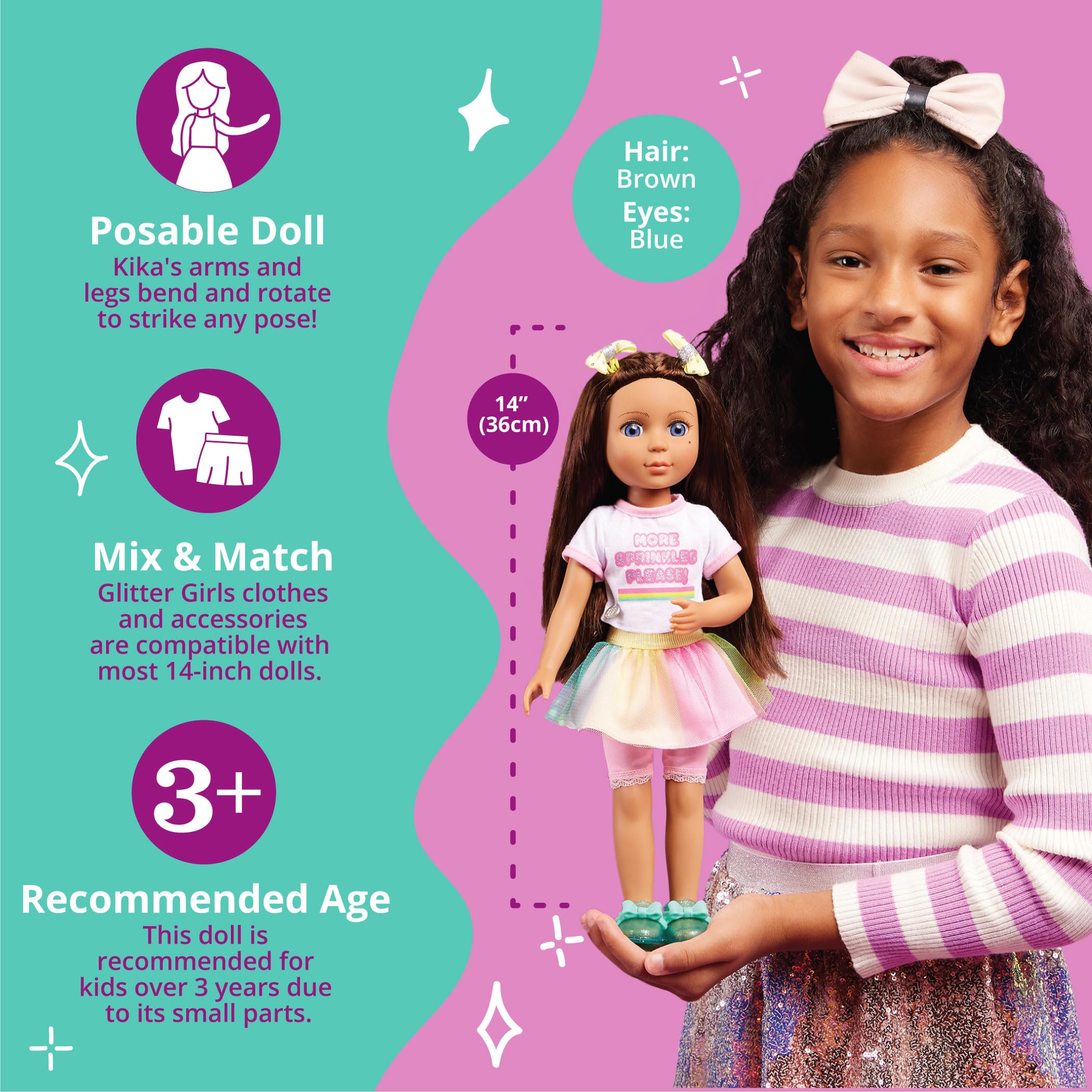 Glitter Girls 14 Inch Fashion Doll Kika with Brown Hair Blue Eyes Ice Cream Outfit Tutu Skirt Hair Bow Glitter Sandals for Ages 3 and Up - View 4 of 7