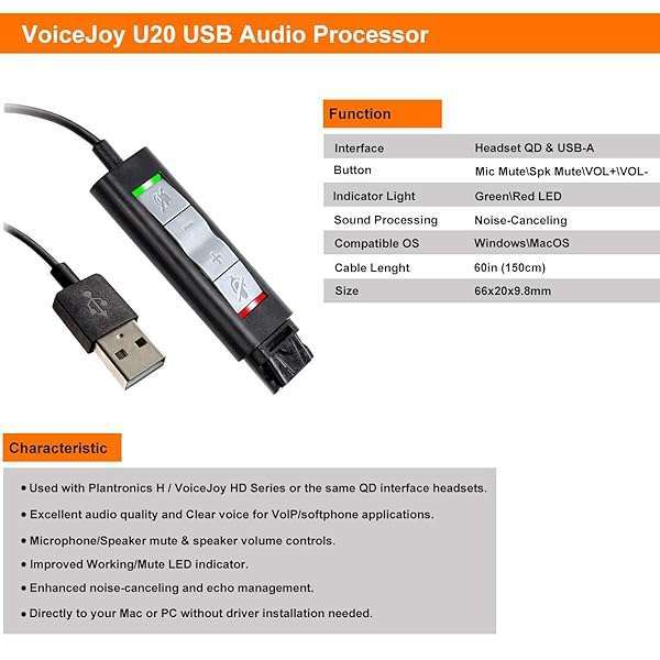VoiceJoy VoiceJoy QD to USB Adapter Cable with Volume Control & Mute for Plantronics Headsets - View 4 of 8
