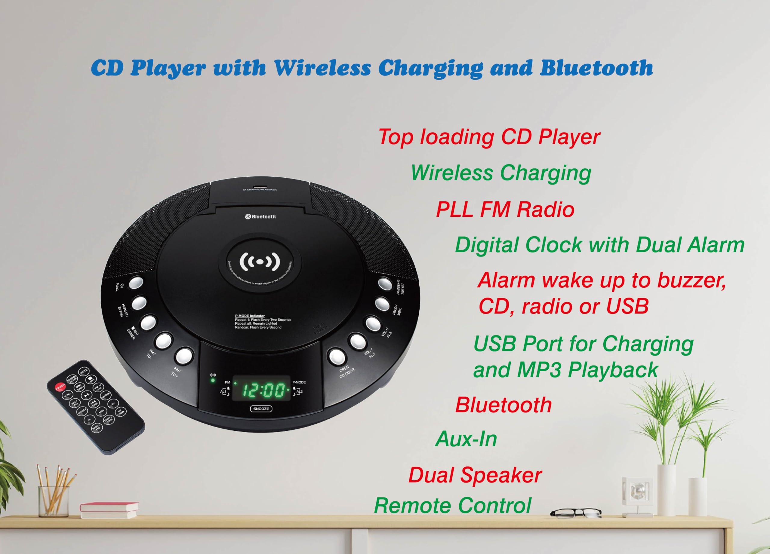 HANNLOMAX HANNLOMAX HX-329CD CD Player with Wireless Charging FM Radio Bluetooth Digital Clock Dual Alarm Green LED Display USB Port Aux-in Remote Control - View 2 of 6