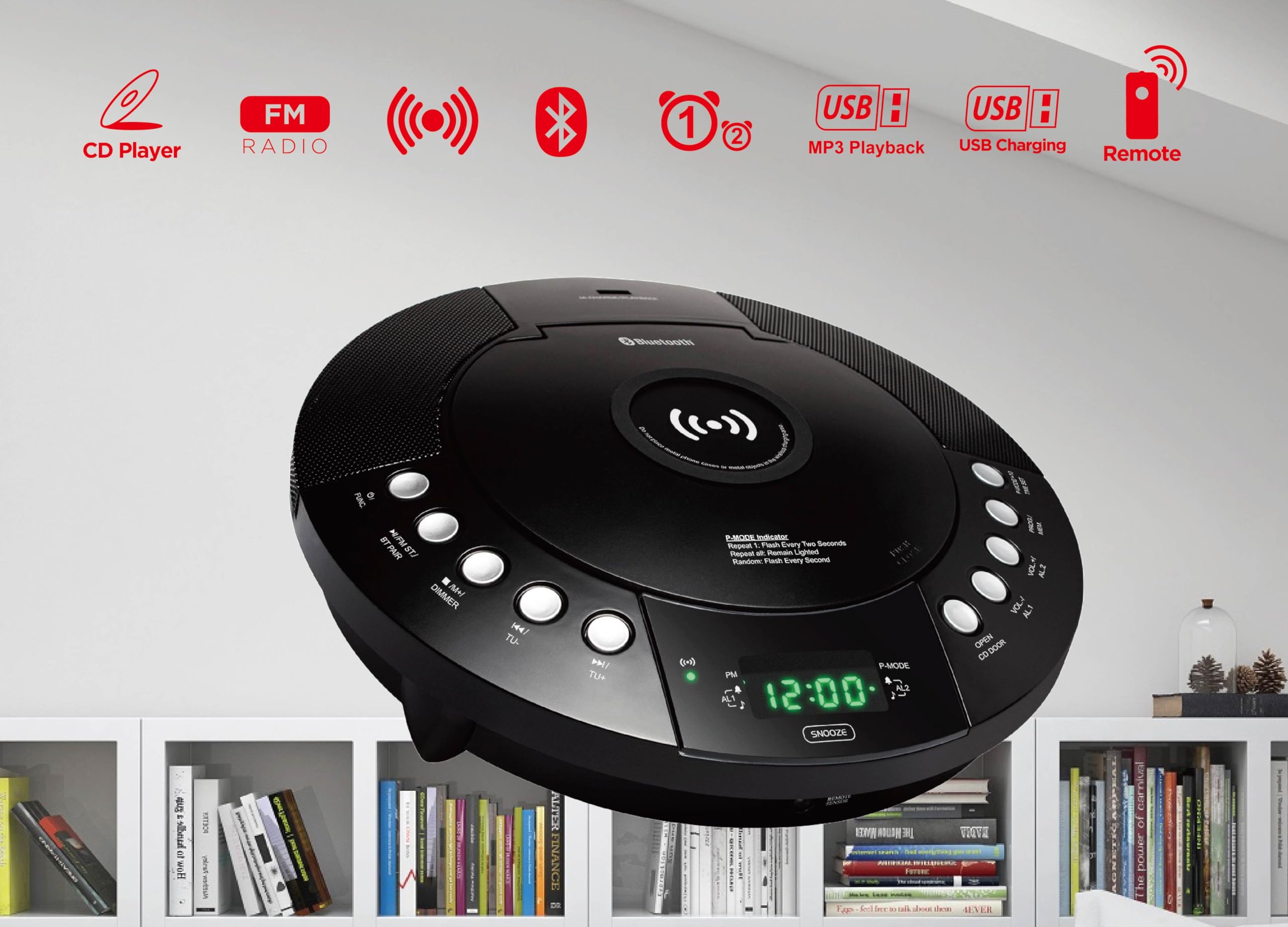 HANNLOMAX HANNLOMAX HX-329CD CD Player with Wireless Charging FM Radio Bluetooth Digital Clock Dual Alarm Green LED Display USB Port Aux-in Remote Control - View 3 of 6