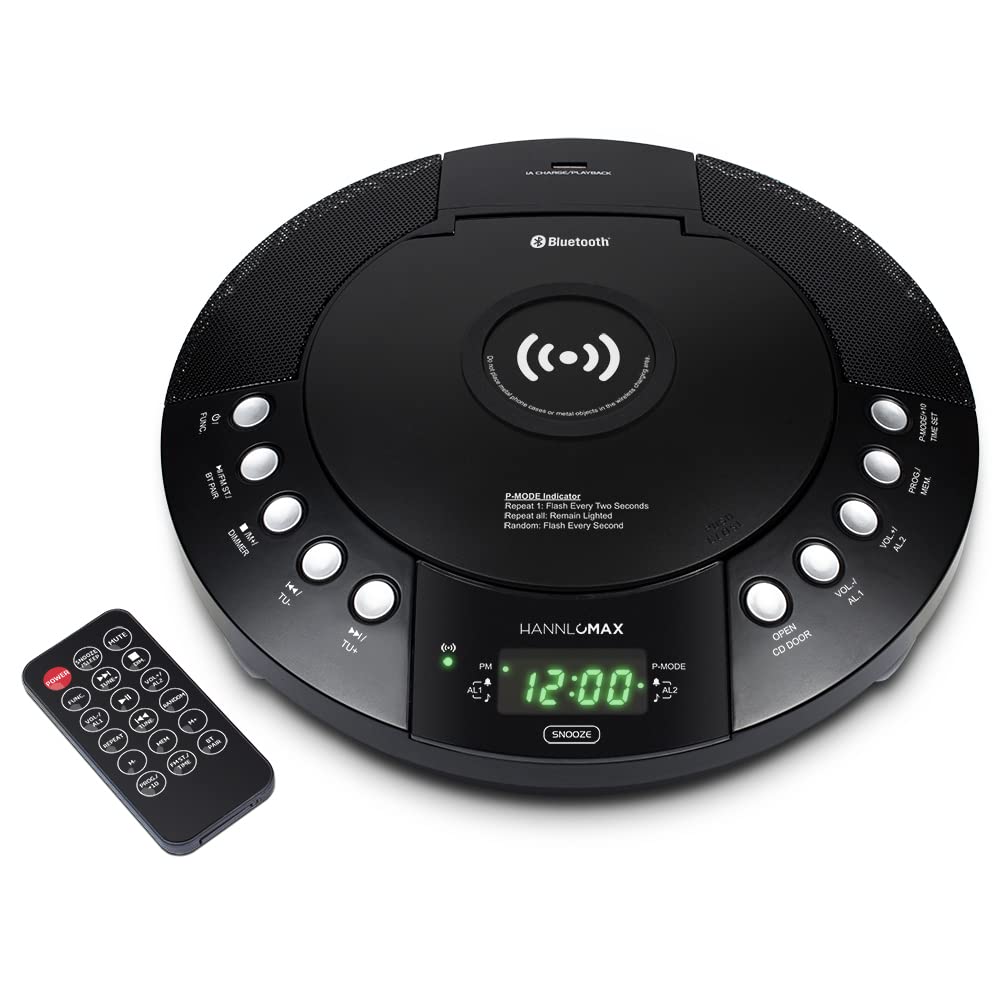 HANNLOMAX HANNLOMAX HX-329CD CD Player with Wireless Charging FM Radio Bluetooth Digital Clock Dual Alarm Green LED Display USB Port Aux-in Remote Control