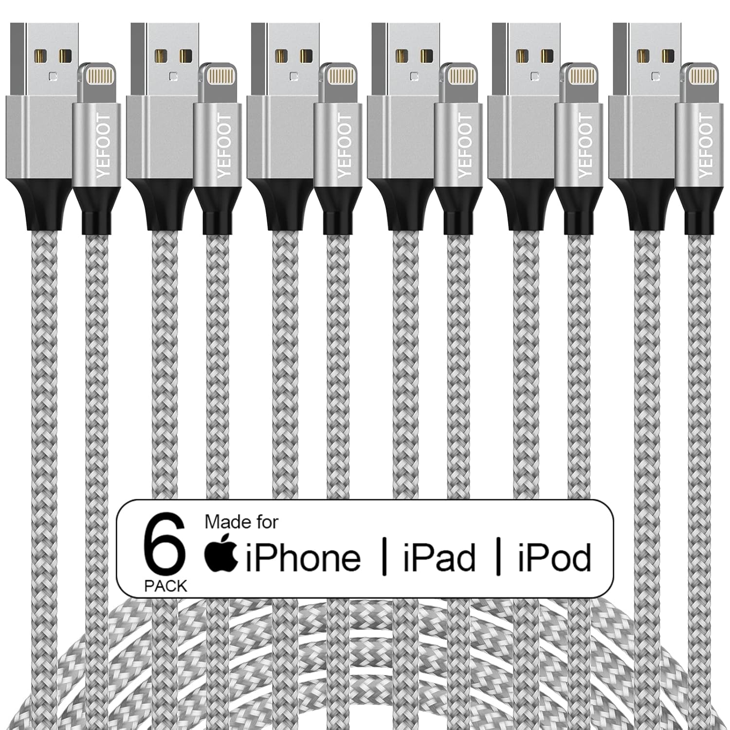 YEFOOT Apple MFi Certified 6 Pack iPhone Charger Lightning Cables 10ft 6ft 3ft Compatible with iPhone 14 13 12 11 Pro Max Silver White