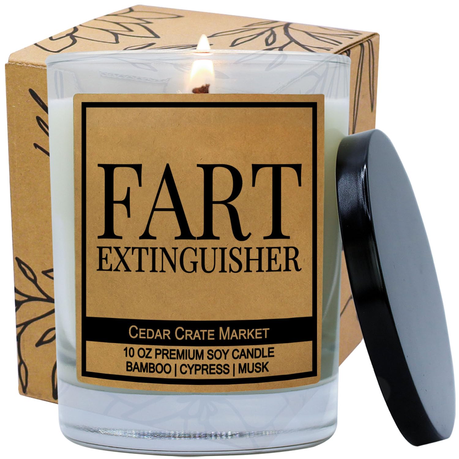 Cedar Crate Market Fart Extinguisher Scented Soy Candle 10 Oz Glass Jar Funny Decorative Candle with Bamboo Cypress and Musk Fragrance