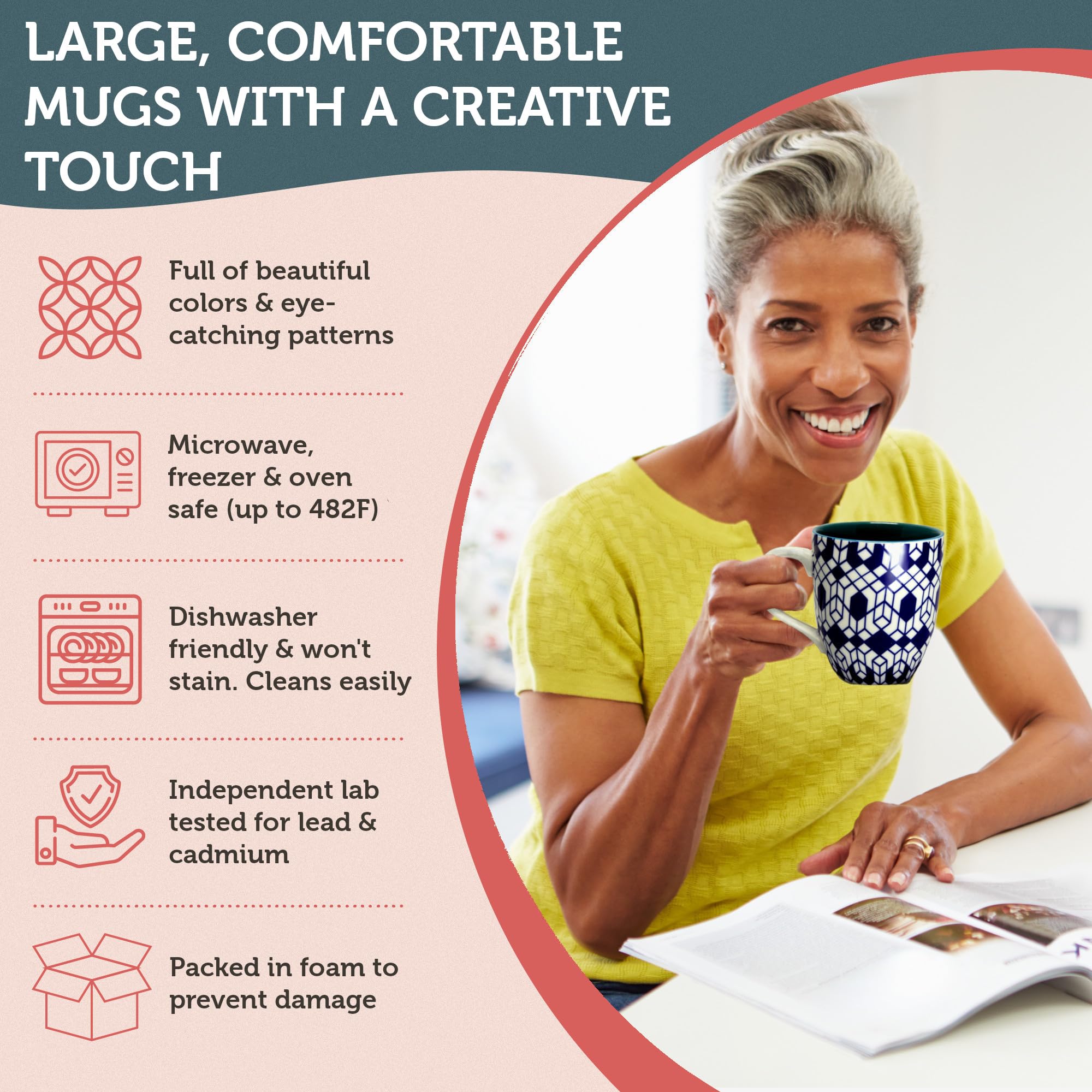 Annovero Large Coffee Mug Set of 6 Porcelain Cups Microwave Dishwasher Safe Chip Resistant for Tea Cocoa or Hot Chocolate 16 Ounce Capacity - View 4 of 8