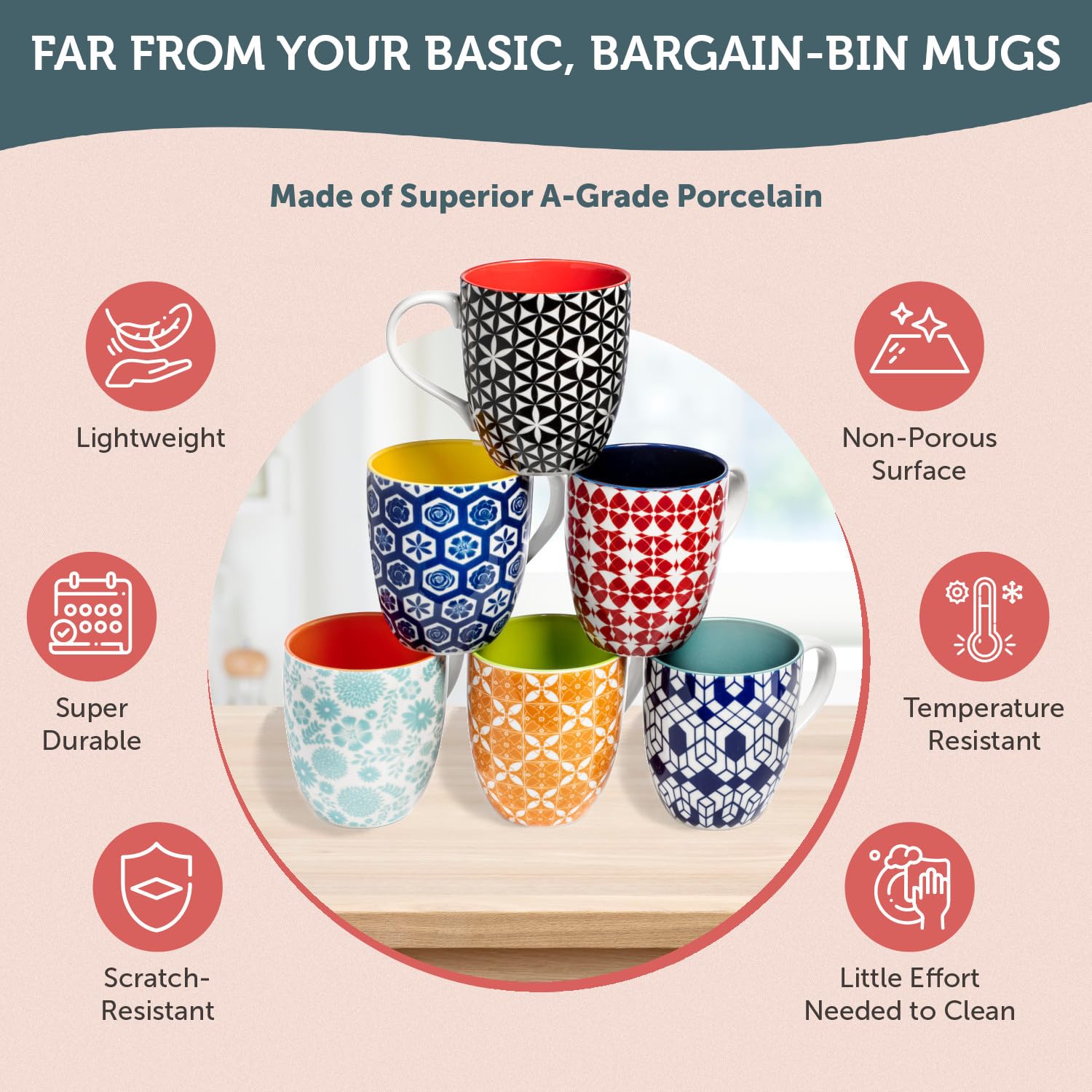 Annovero Large Coffee Mug Set of 6 Porcelain Cups Microwave Dishwasher Safe Chip Resistant for Tea Cocoa or Hot Chocolate 16 Ounce Capacity - View 5 of 8