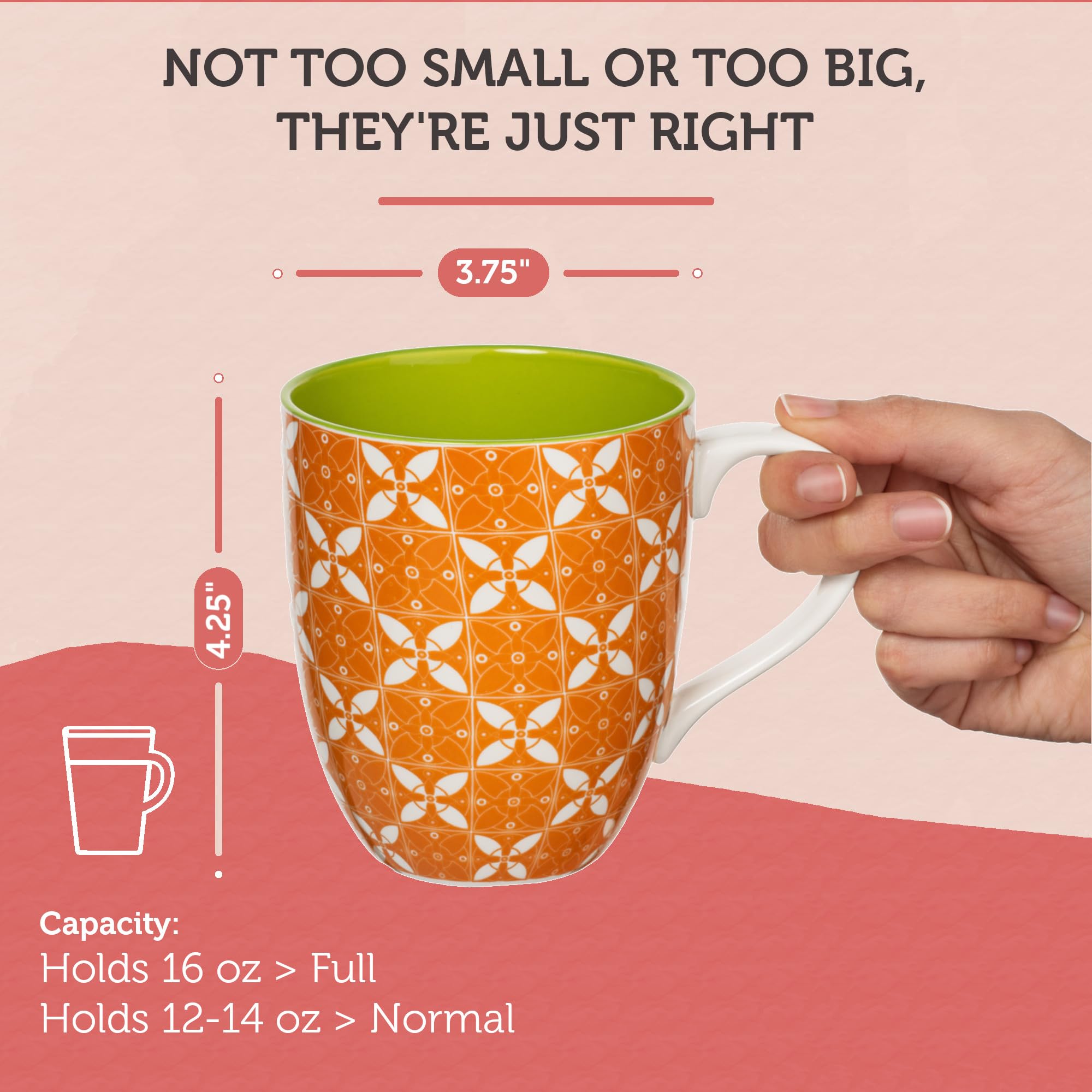 Annovero Large Coffee Mug Set of 6 Porcelain Cups Microwave Dishwasher Safe Chip Resistant for Tea Cocoa or Hot Chocolate 16 Ounce Capacity - View 6 of 8