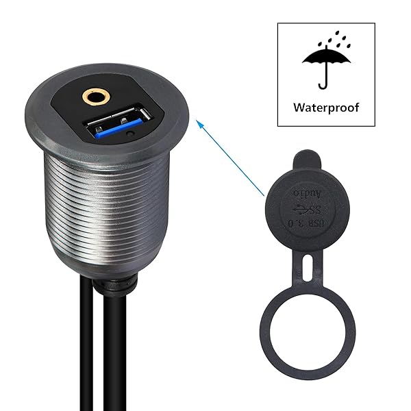 SinLoon SinLoon USB 3.0 and 3.5mm Car Mount Flush Cable 3.3FT Waterproof AUX Extension for Car Boat Motorcycle Dash Panel - View 3 of 8