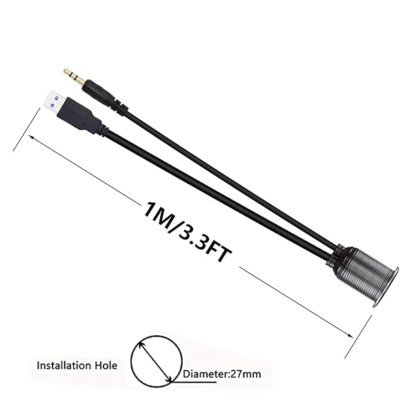 SinLoon SinLoon USB 3.0 and 3.5mm Car Mount Flush Cable 3.3FT Waterproof AUX Extension for Car Boat Motorcycle Dash Panel - View 4 of 8