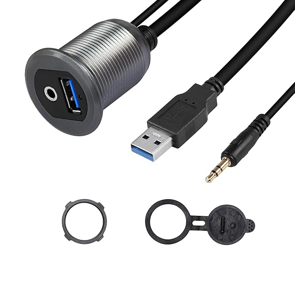 SinLoon SinLoon USB 3.0 and 3.5mm Car Mount Flush Cable 3.3FT Waterproof AUX Extension for Car Boat Motorcycle Dash Panel - View 2 of 8