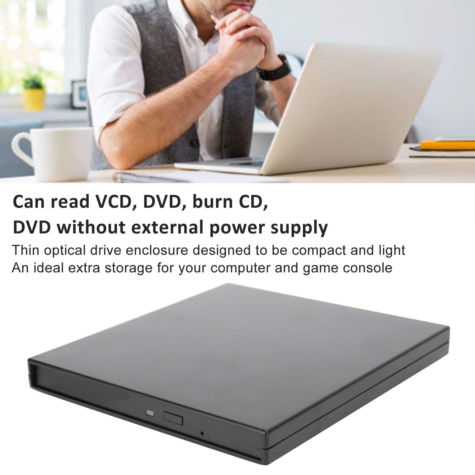 125 125 External CD Drive: 9.5mm SATA Optical Drive Case for PC & Laptop Storage (Black) - View 2 of 9