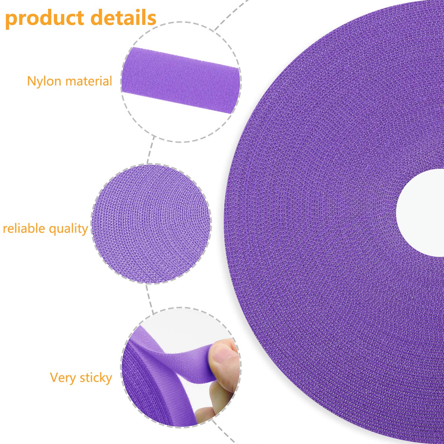 Saisn Reusable Fastening Tape Cable Ties 3/4 Inch Double Sided Hook Roll 25 Yard Purple for Organizing Cables and Wires - View 2 of 7
