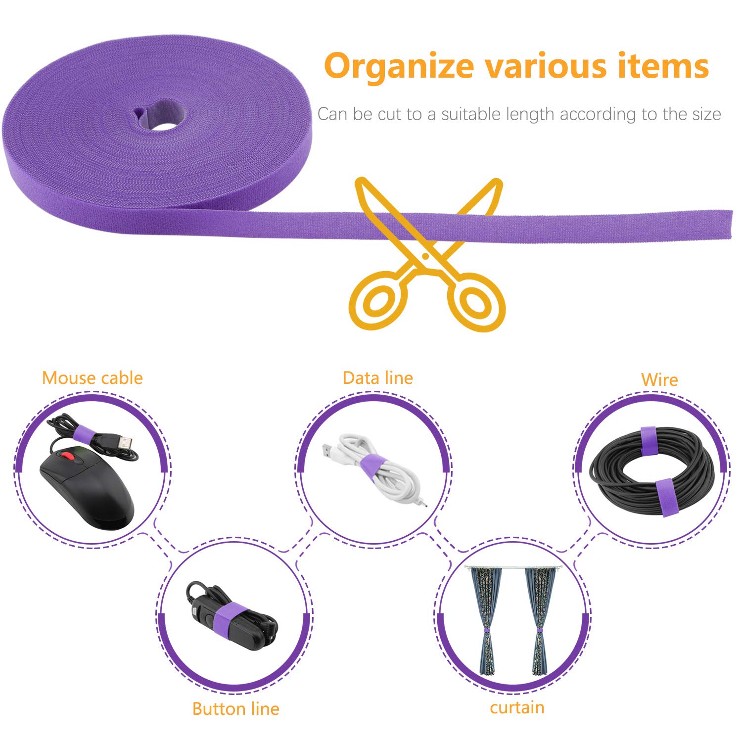 Saisn Reusable Fastening Tape Cable Ties 3/4 Inch Double Sided Hook Roll 25 Yard Purple for Organizing Cables and Wires - View 3 of 7