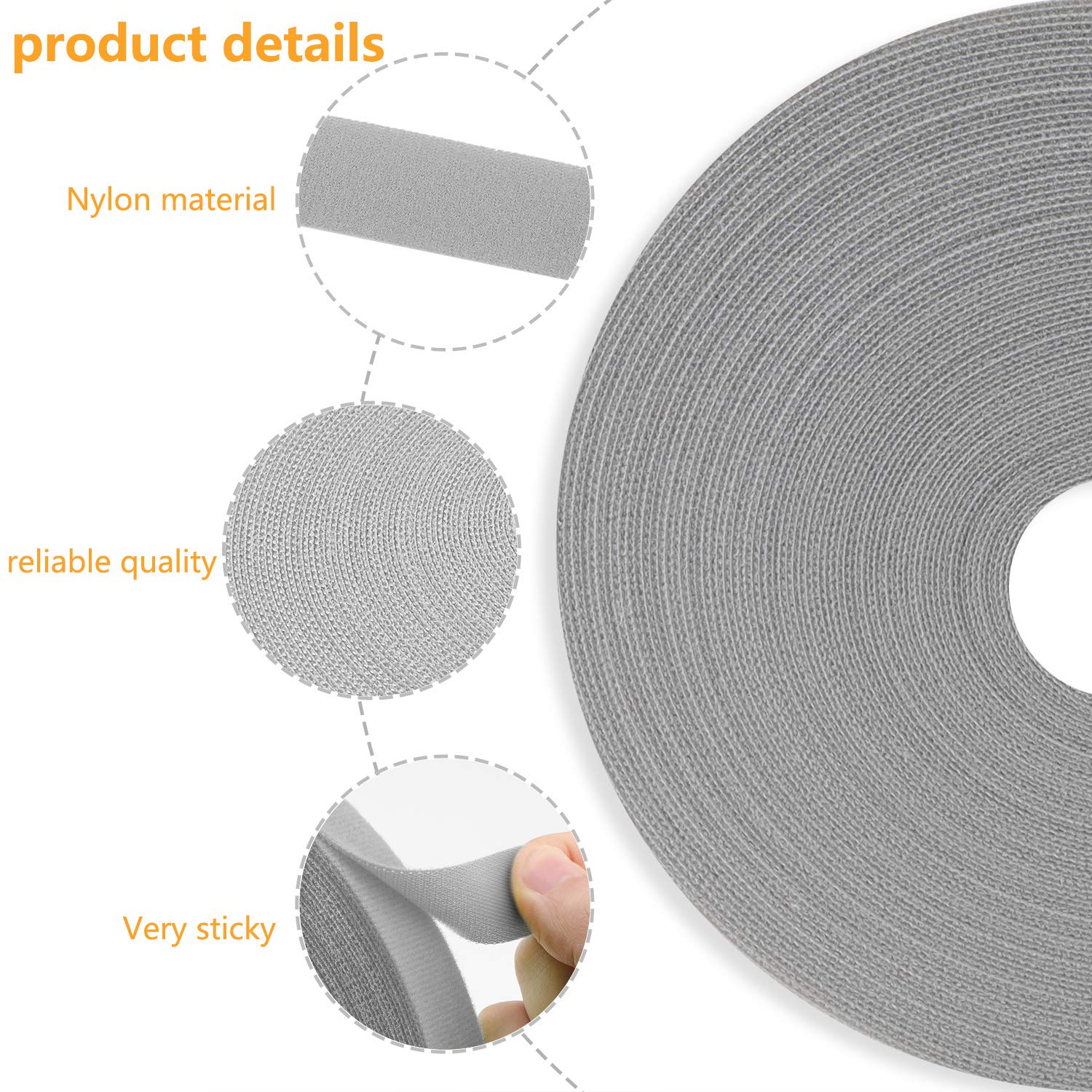 Saisn Reusable Fastening Tape Cable Ties 3/4 Inch Double Sided Hook Roll 25 Yard Grey for Organizing Cables and Wires - View 2 of 7