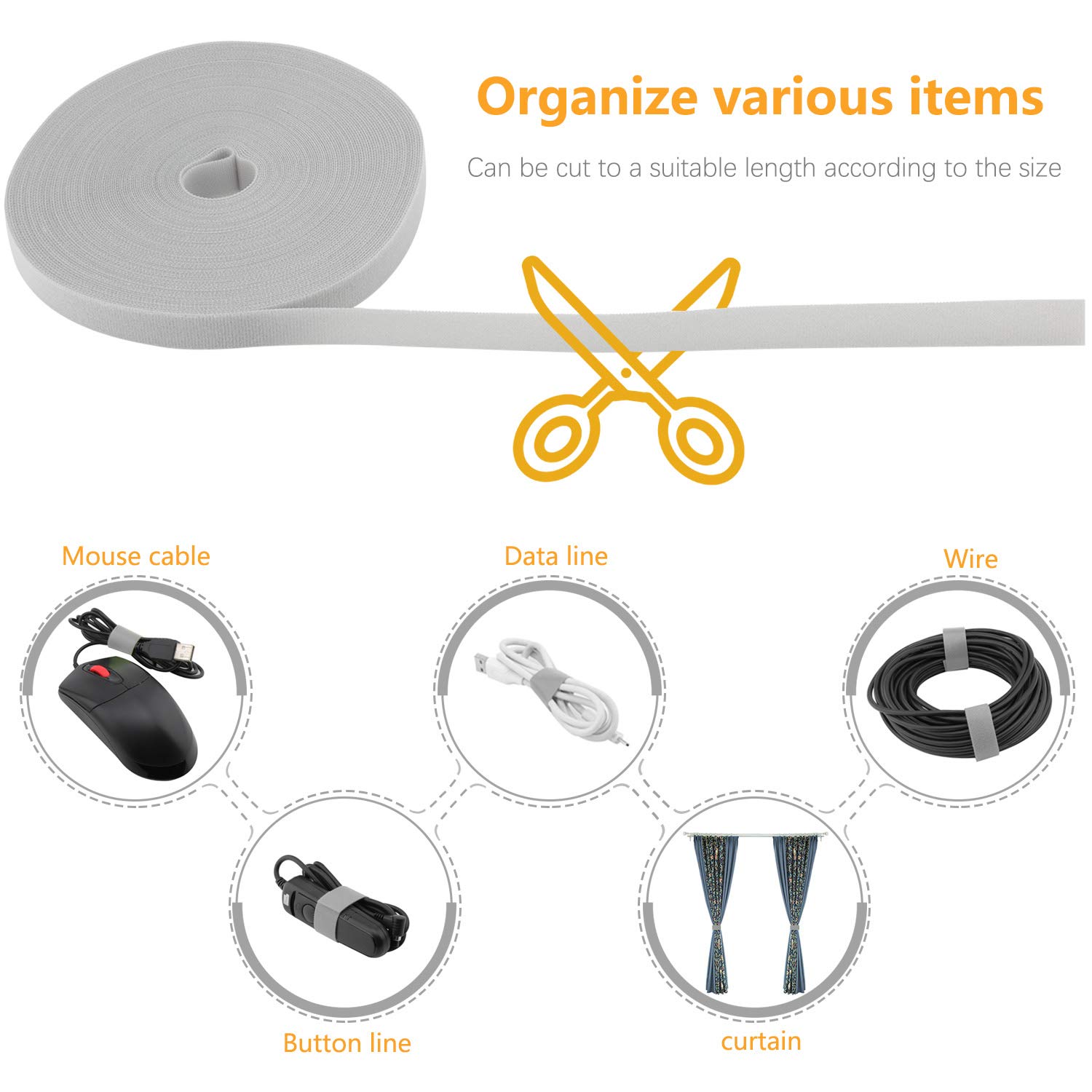 Saisn Reusable Fastening Tape Cable Ties 3/4 Inch Double Sided Hook Roll 25 Yard Grey for Organizing Cables and Wires - View 3 of 7