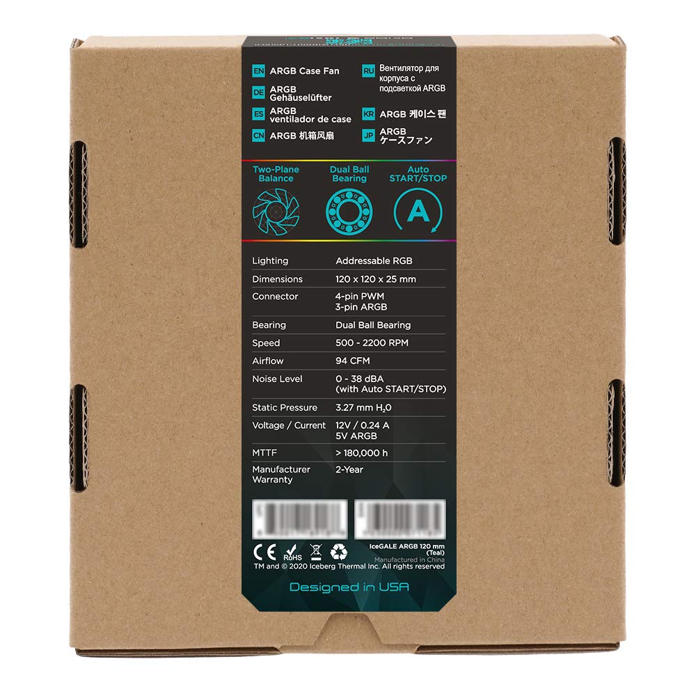 Iceberg Thermal IceGALE 120mm PWM Dual Ball Bearing ARGB Case Fan Teal for High Performance Cooling and Stunning RGB Lighting - View 5 of 6