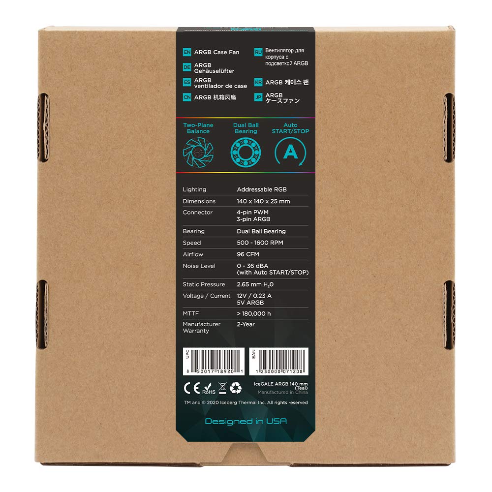 Iceberg Thermal IceGALE 140mm PWM Dual Ball Bearing ARGB Case Fan Teal for High Performance Cooling and Stunning RGB Lighting - View 6 of 6