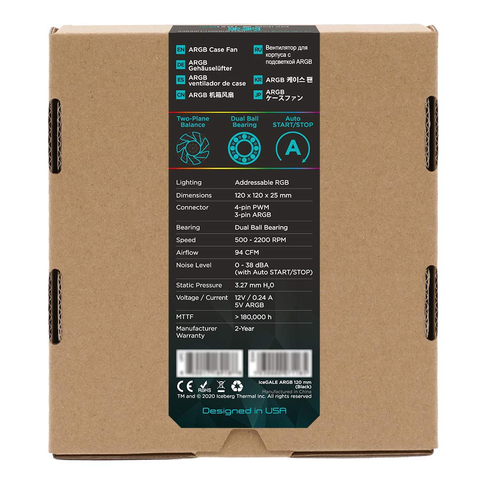 Iceberg Thermal IceGALE 120mm PWM ARGB Case Fan Black Dual Ball Bearing for Optimal Cooling and Aesthetic Lighting - View 5 of 6