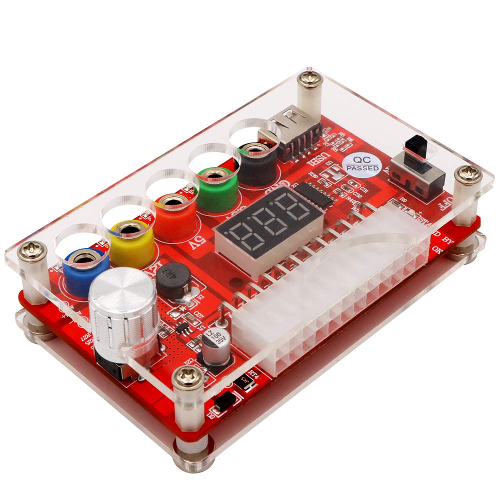 SUPERPLUS ATX Power Supply Breakout Board Acrylic Case Kit with Adjustable Voltage Knob Supports Multiple Outputs and Reset Protection