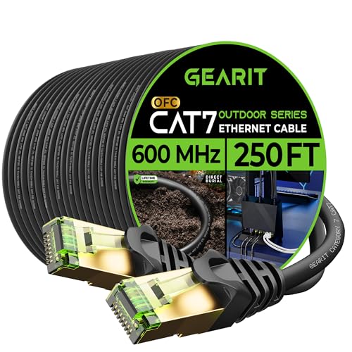 GEARit GearIT Cat7 Outdoor Ethernet Cable 250ft SFTP Shielded Pure Copper Waterproof Direct Burial UV Resistant for High Speed Network Connection