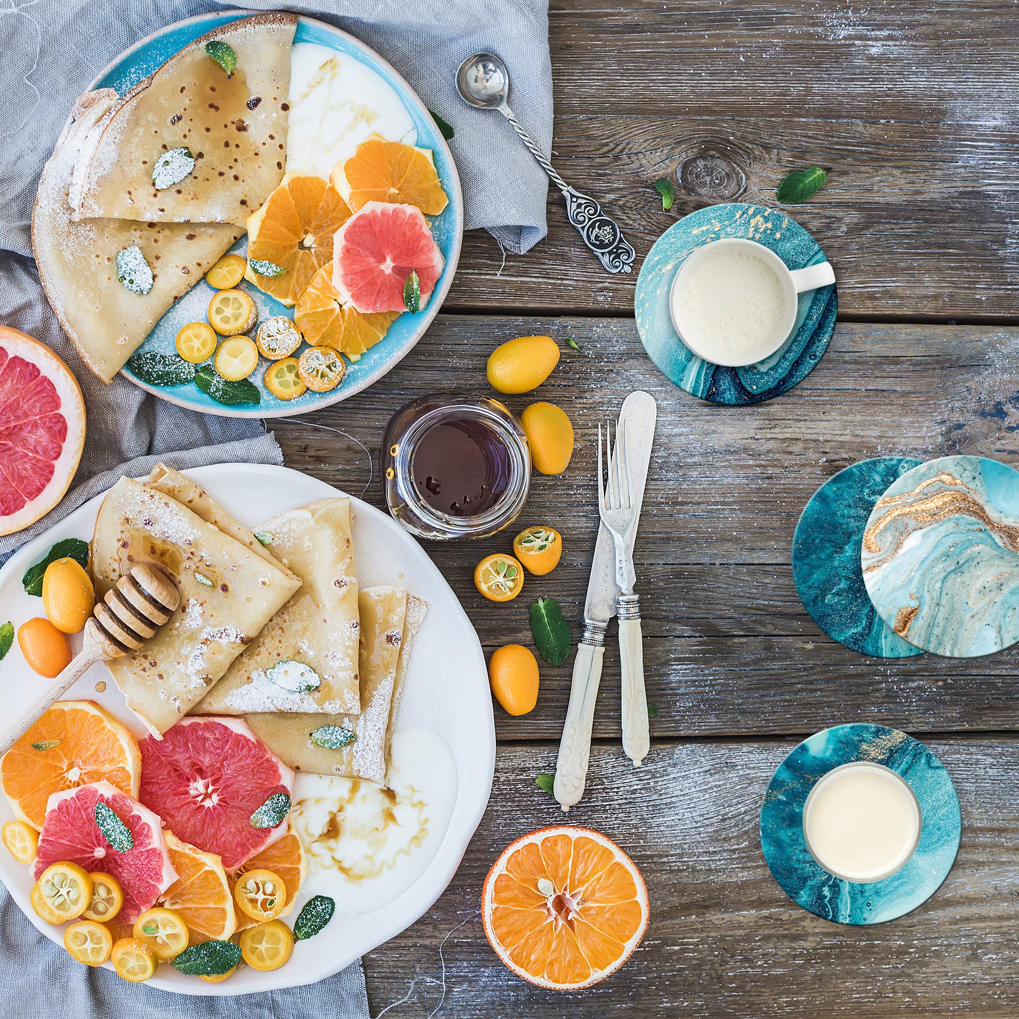 Dooke Round Absorbent Ceramic Coasters Set of 6 with Cork Base for Drinks and Tabletop Protection Teal Marble 4 Inches - View 2 of 6