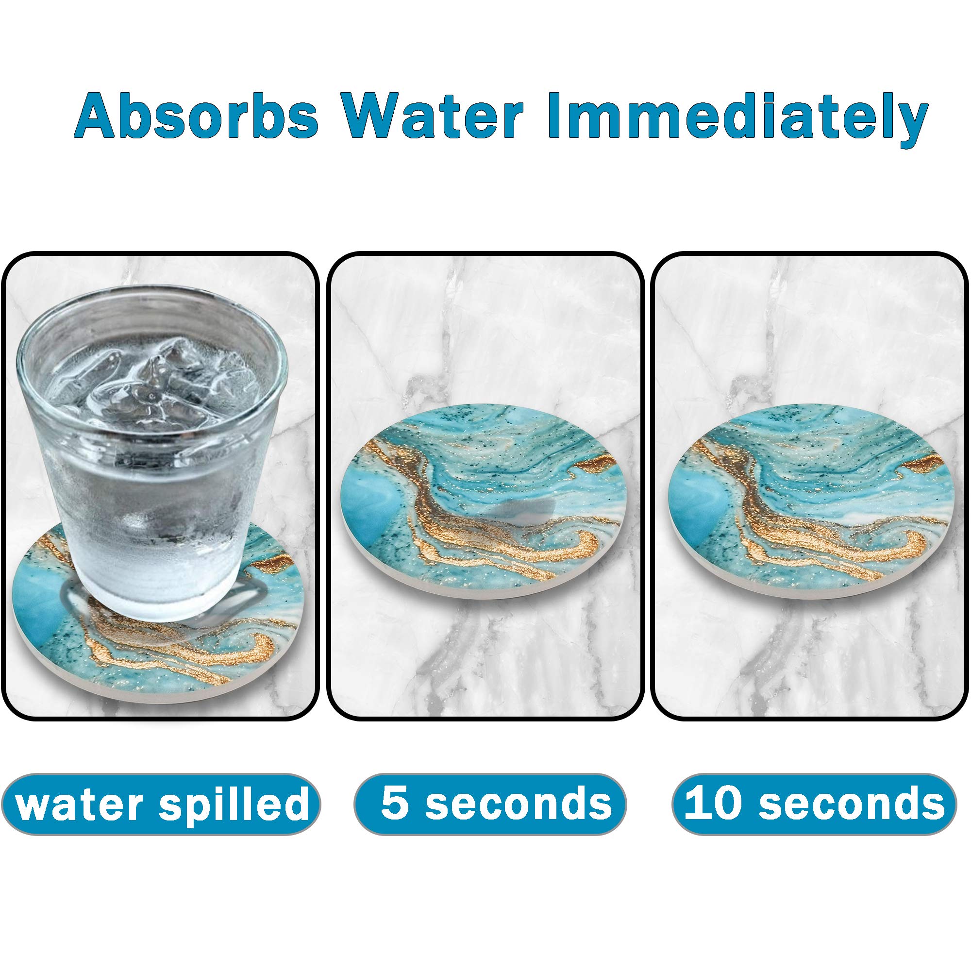 Dooke Round Absorbent Ceramic Coasters Set of 6 with Cork Base for Drinks and Tabletop Protection Teal Marble 4 Inches - View 3 of 6