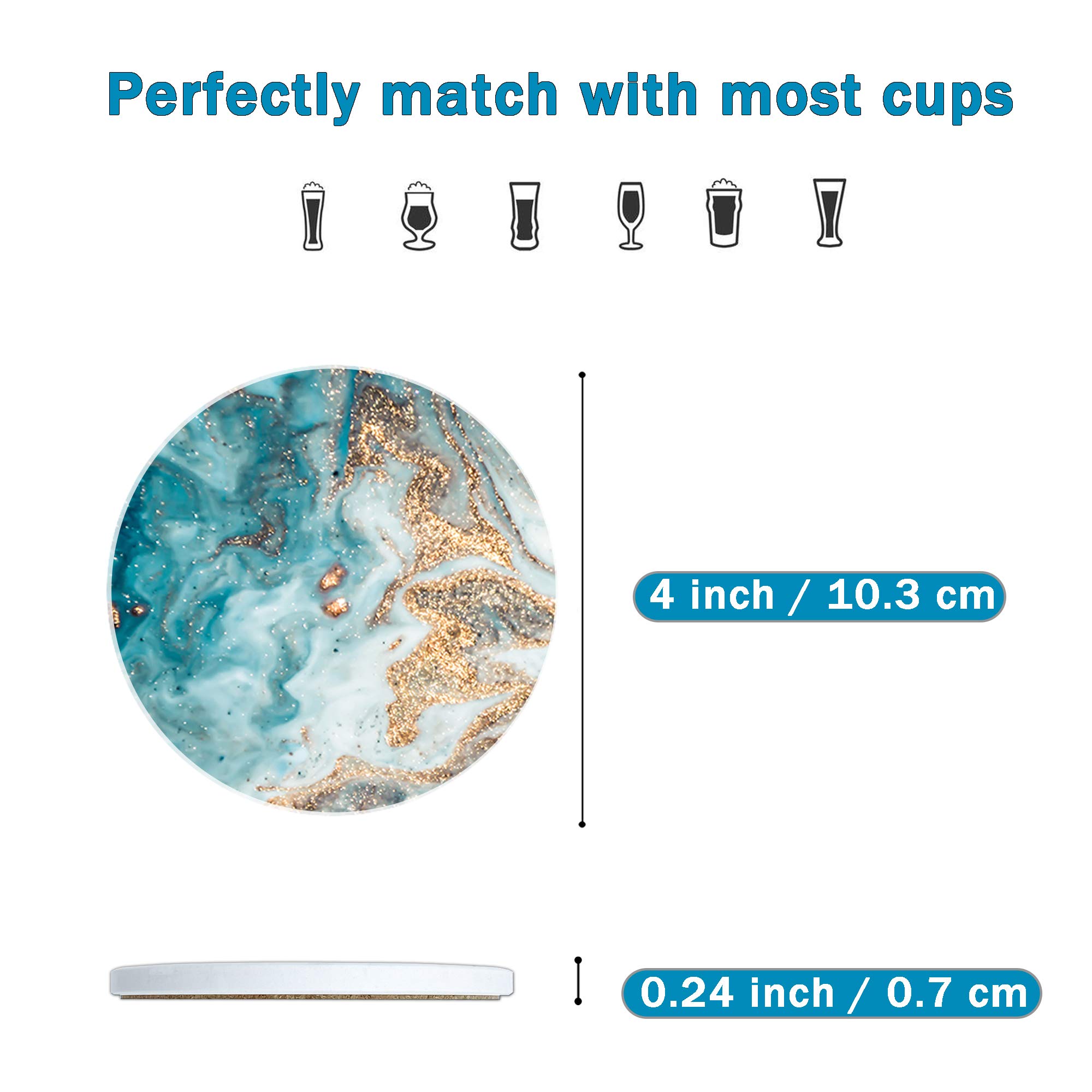 Dooke Round Absorbent Ceramic Coasters Set of 6 with Cork Base for Drinks and Tabletop Protection Teal Marble 4 Inches - View 4 of 6