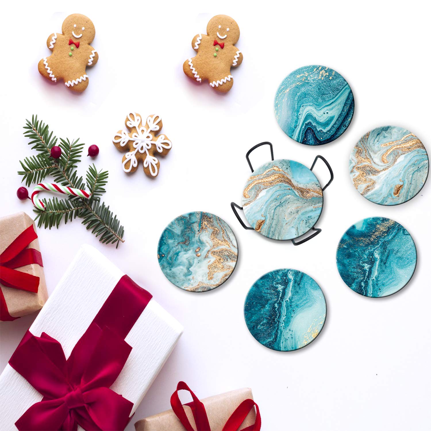 Dooke Round Absorbent Ceramic Coasters Set of 6 with Cork Base for Drinks and Tabletop Protection Teal Marble 4 Inches - View 6 of 6