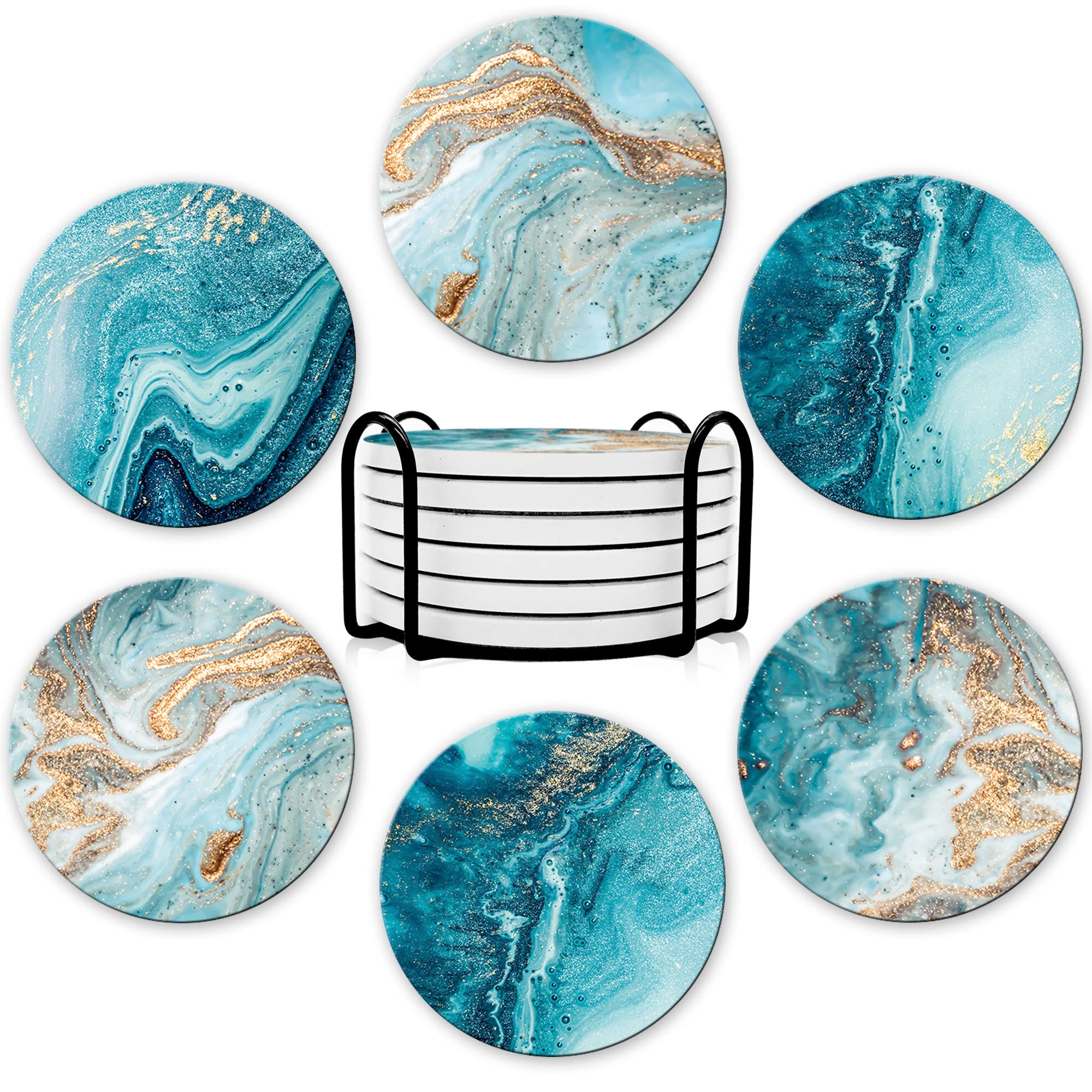 Dooke Round Absorbent Ceramic Coasters Set of 6 with Cork Base for Drinks and Tabletop Protection Teal Marble 4 Inches