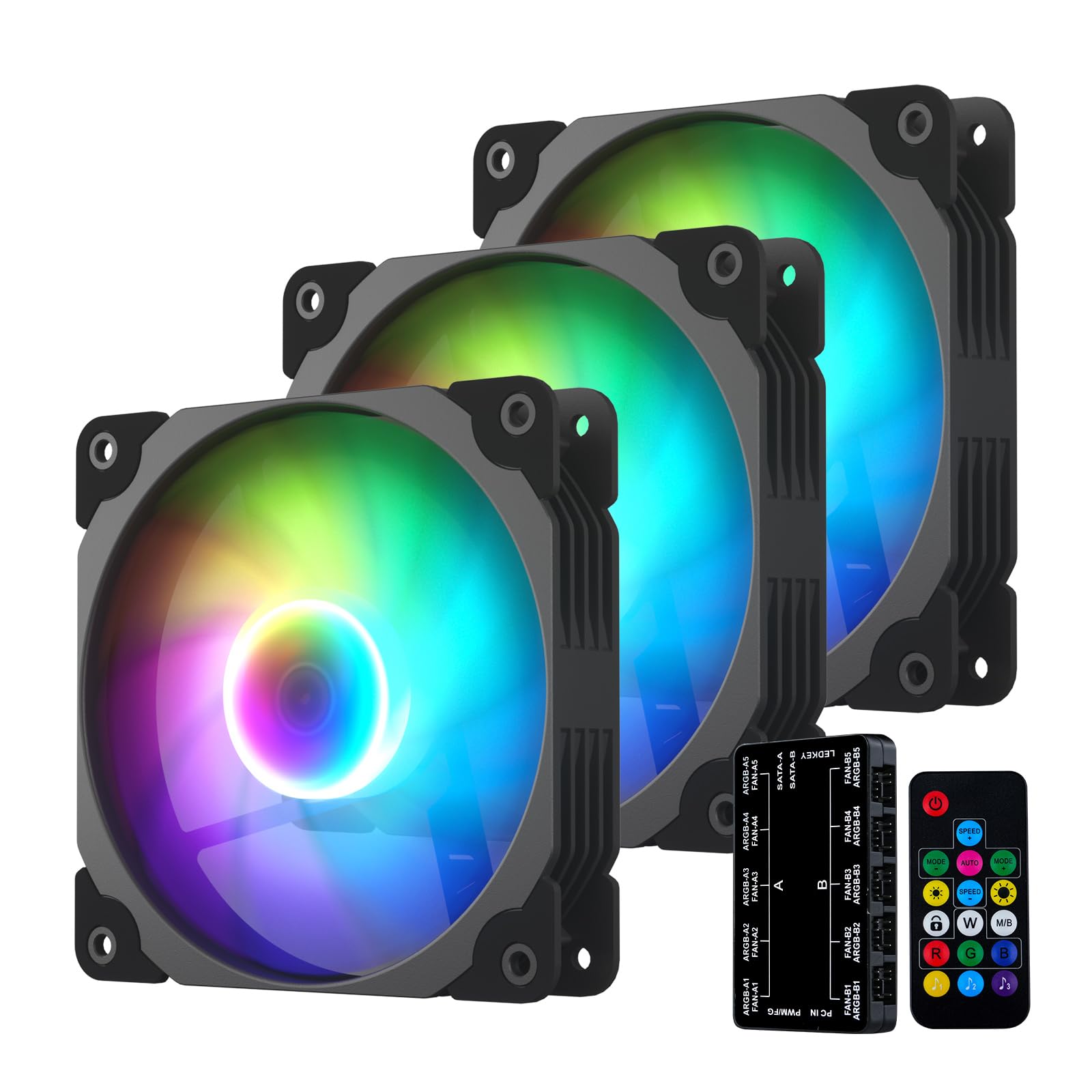 Vetroo 3-Pack 120mm RGB PWM Computer Case Fans High Performance with Controller Hub Black
