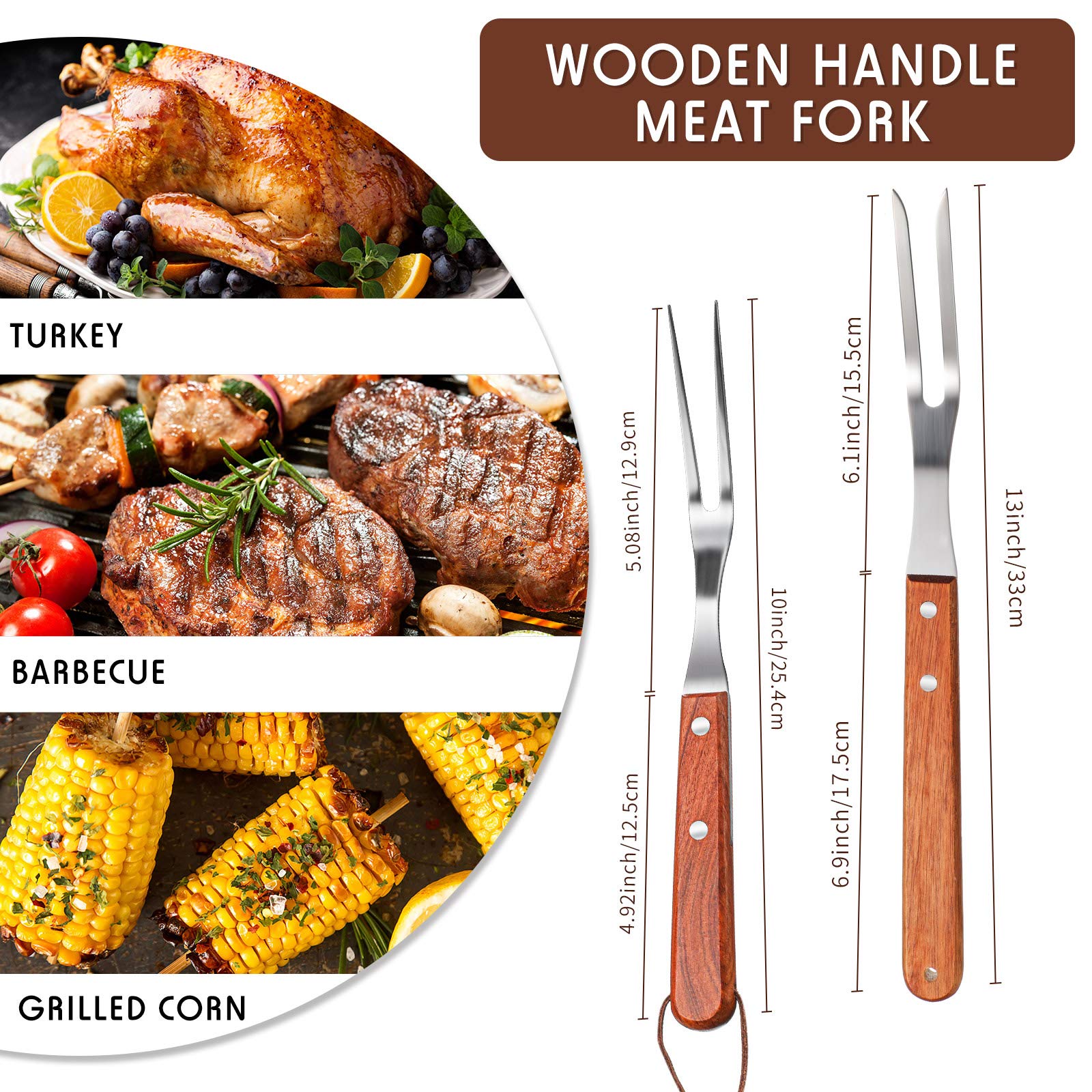 Honoson 2 Pack Stainless Steel Meat Forks with Rosewood Handle for Kitchen Barbecue Cooking Grilling and Roasting 13 Inch and 10 Inch - View 2 of 7
