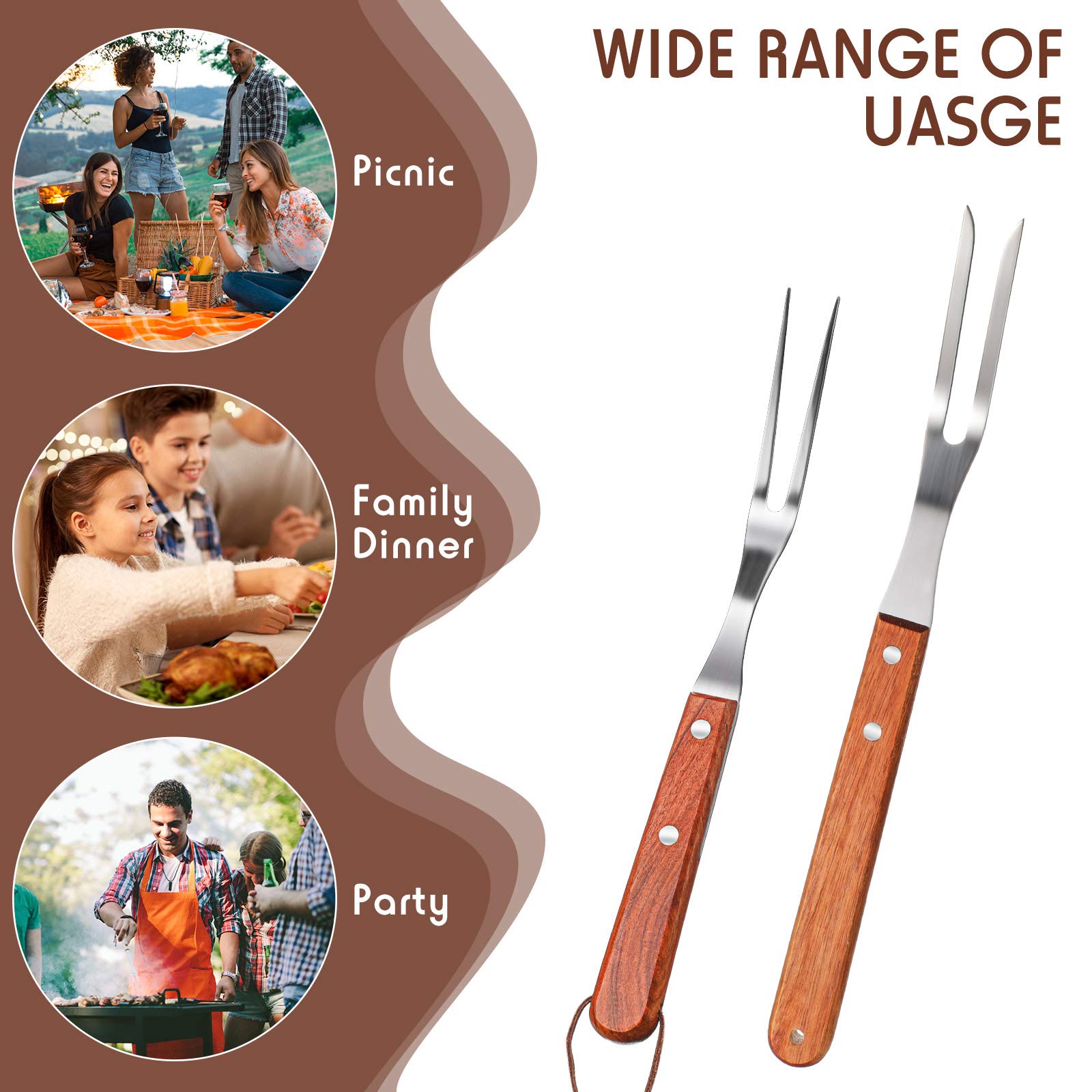 Honoson 2 Pack Stainless Steel Meat Forks with Rosewood Handle for Kitchen Barbecue Cooking Grilling and Roasting 13 Inch and 10 Inch - View 7 of 7