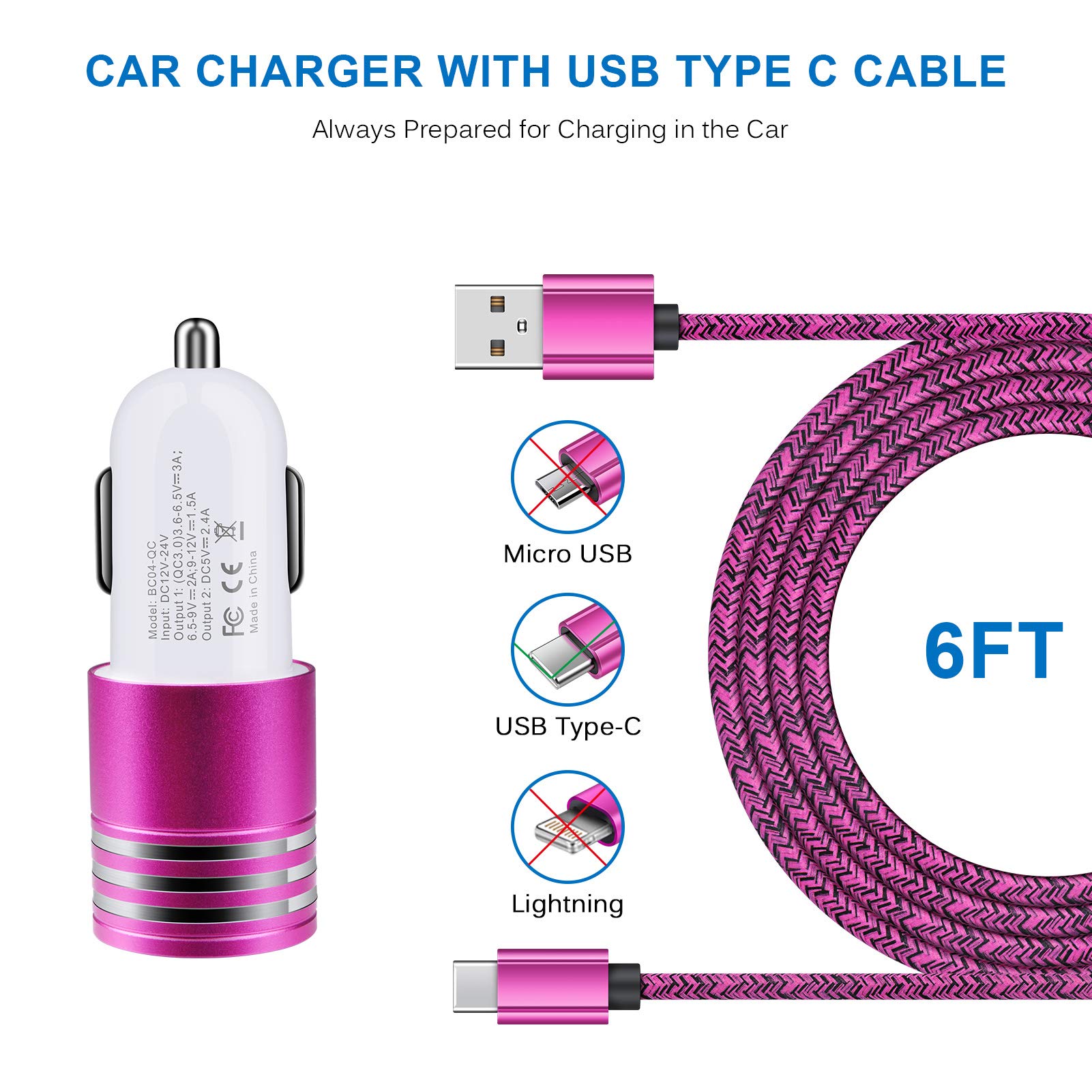 Fast Charging USB C Car Charger for Samsung Galaxy S25 S24 S23 S22 S21 S20 Note 20 with Quick Charge 3.0 and 6ft Type C Cable - View 5 of 7