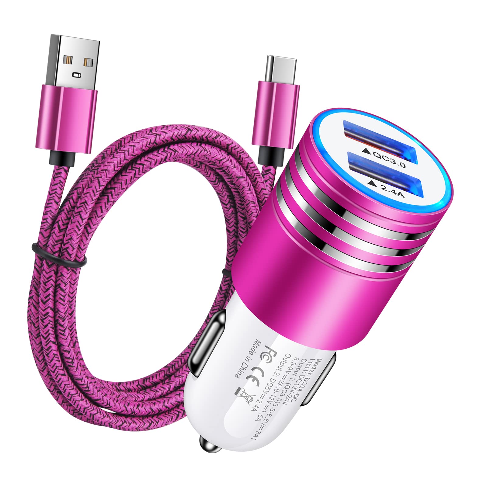 Fast Charging USB C Car Charger for Samsung Galaxy S25 S24 S23 S22 S21 S20 Note 20 with Quick Charge 3.0 and 6ft Type C Cable