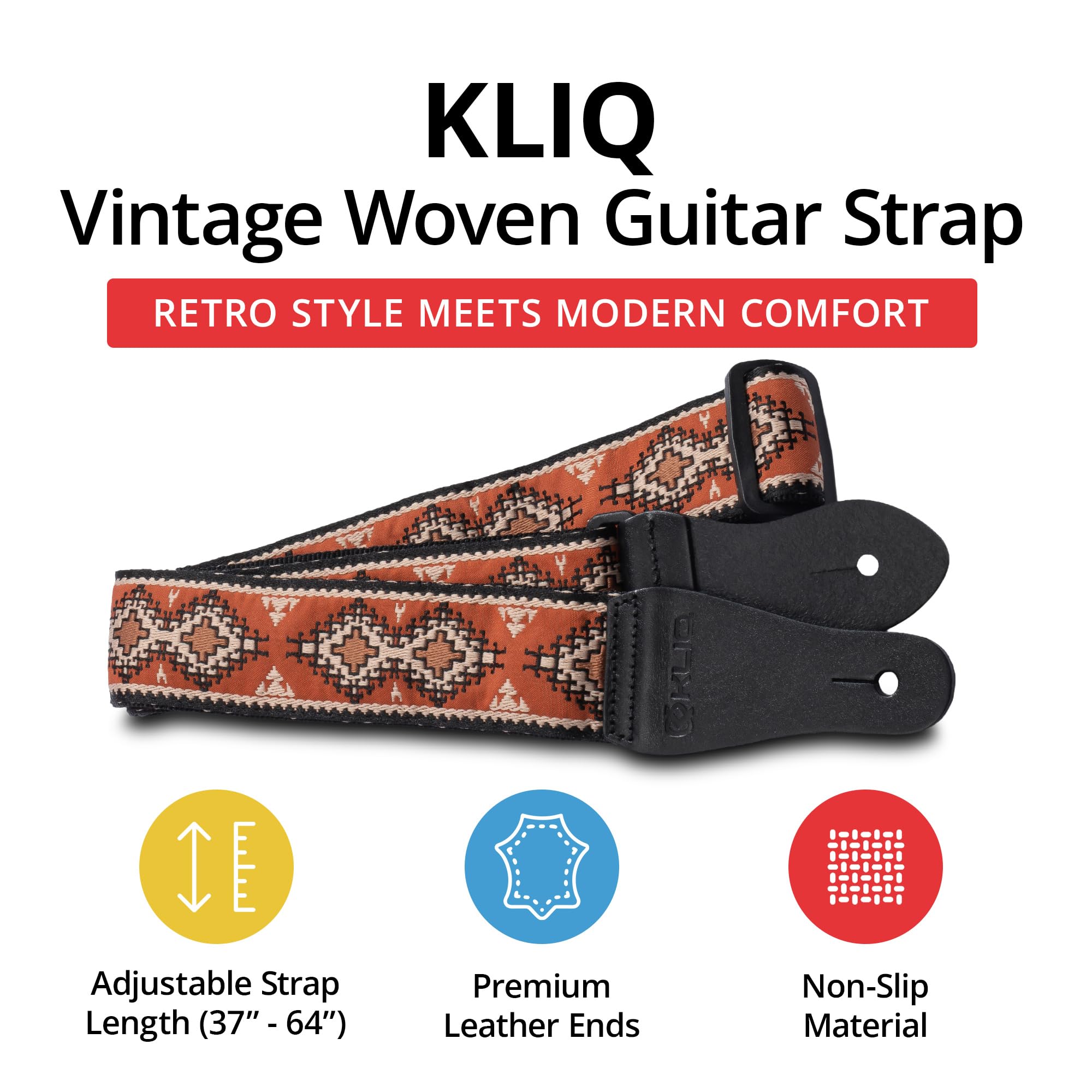 KLIQ Music Gear Kliq Vintage Woven Guitar Strap for Acoustic and Electric Guitars in Sienna Navajo and Beige with 2 Locks Included - View 2 of 7