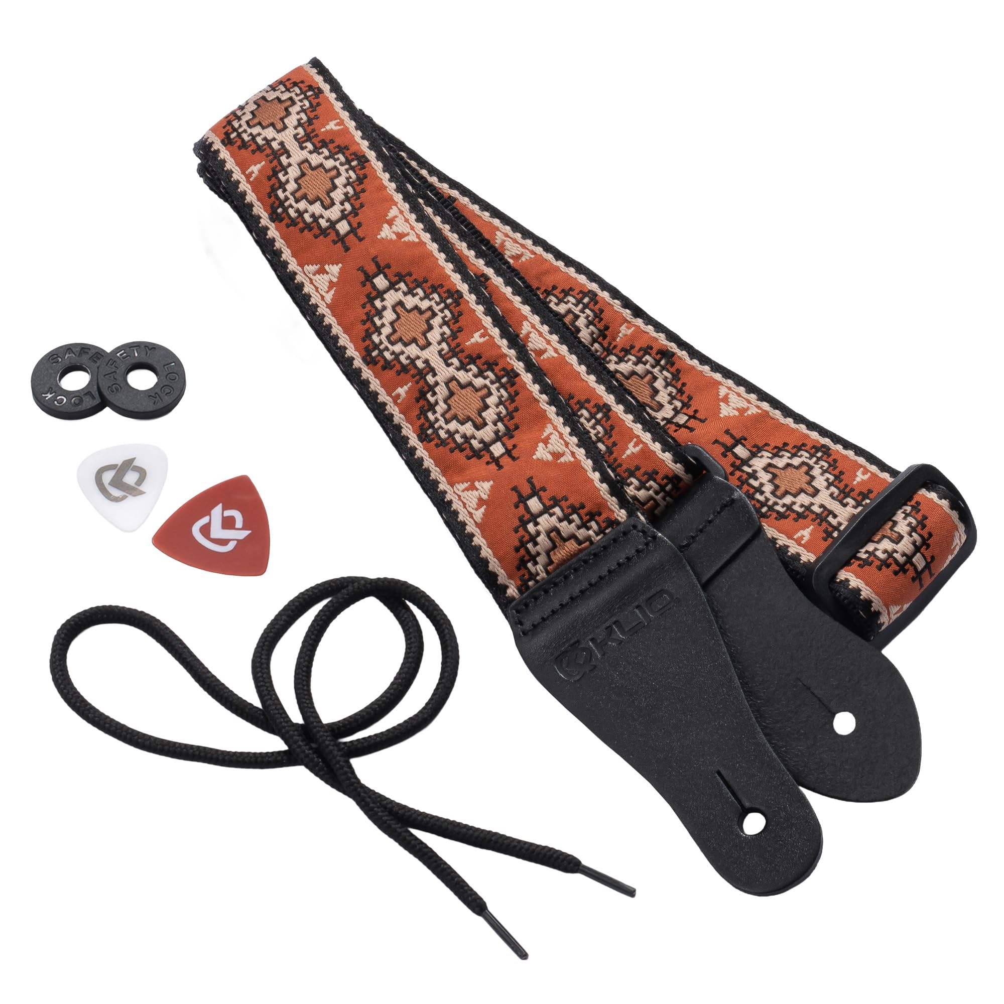 KLIQ Music Gear Kliq Vintage Woven Guitar Strap for Acoustic and Electric Guitars in Sienna Navajo and Beige with 2 Locks Included