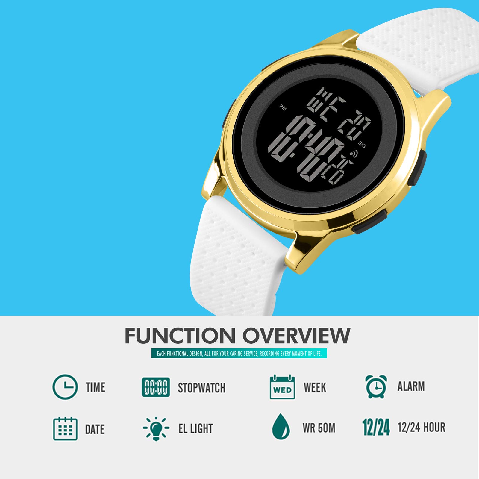 YUINK Mens Ultra-Thin Digital Sports Watch Waterproof Stainless Steel Fashion Wrist Watch for Men and Women Gold White - View 2 of 6