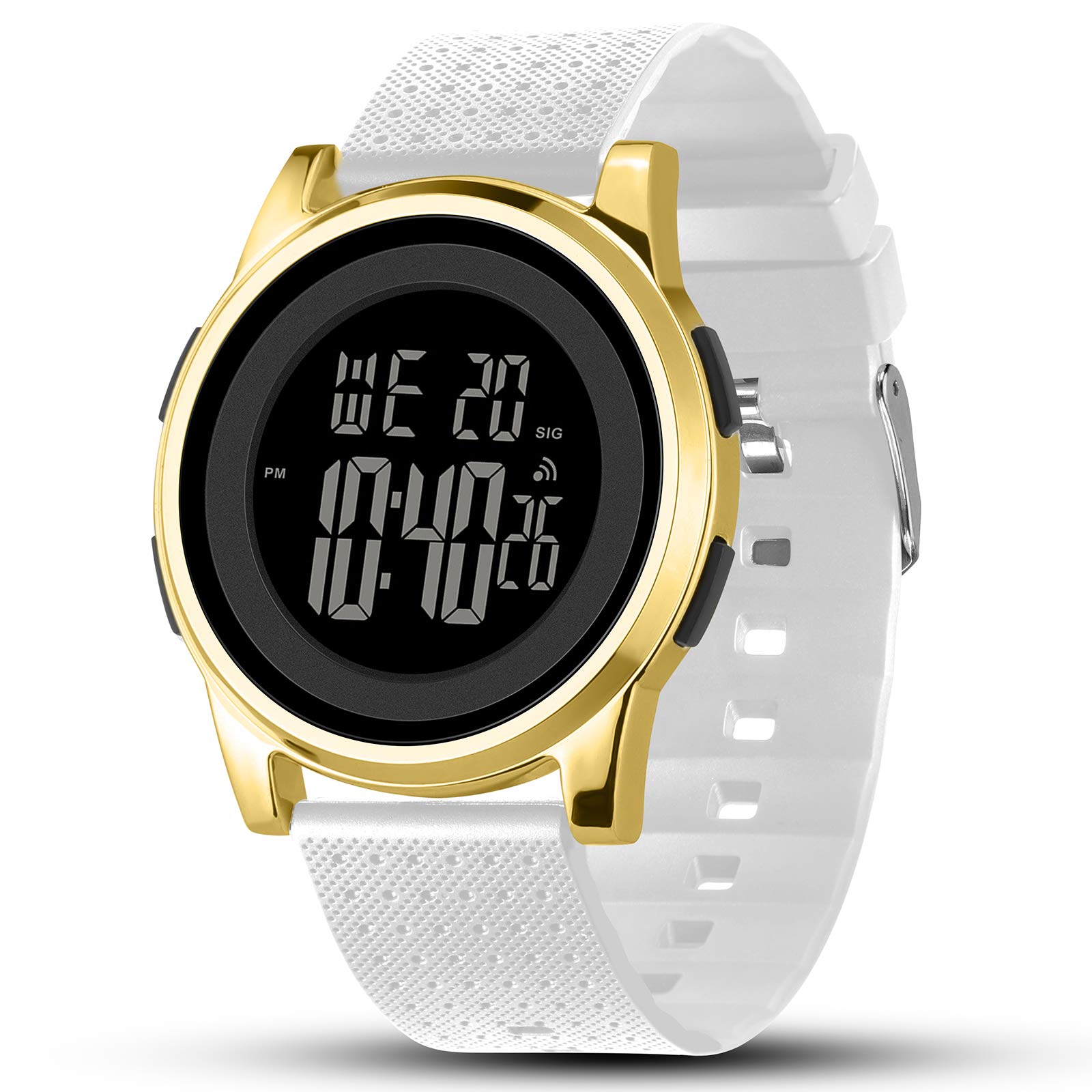 YUINK Mens Ultra-Thin Digital Sports Watch Waterproof Stainless Steel Fashion Wrist Watch for Men and Women Gold White
