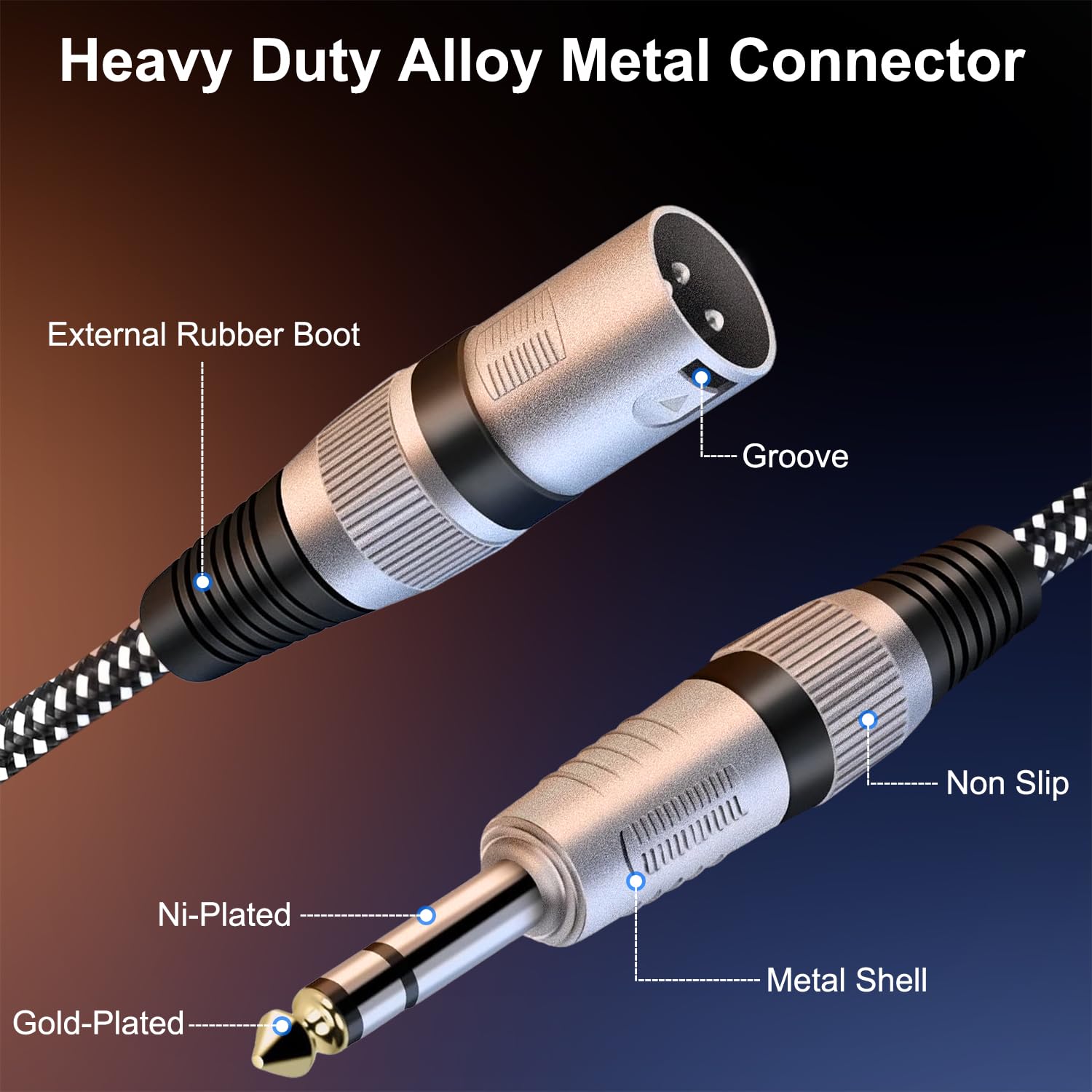 KINXIYU XLR Male to 1/4 Inch TRS Cables 10 FT 2 Pack Nylon Braided Balanced Interconnect Wire Mic Cord with Pure Copper Conductors - View 3 of 6