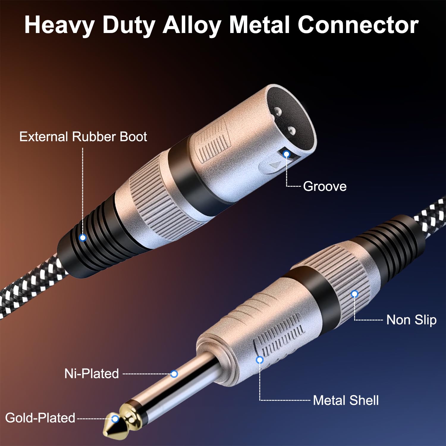 KINXIYU 10FT XLR Male to 1/4 Inch TS Cables 2Pack Nylon Braided Unbalanced Mic Cord with Pure Copper Conductors - View 3 of 6