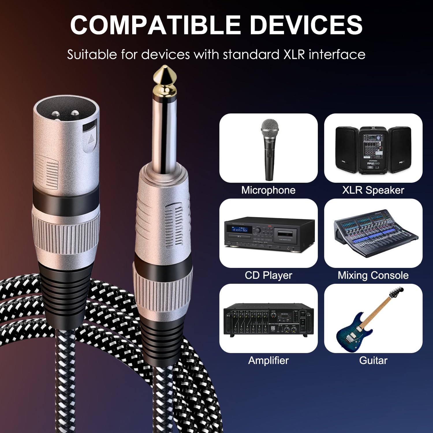 KINXIYU XLR Male to 1/4 Inch TS Cables 3FT 2Pack Nylong Braided Unbalanced Interconnect Wire Mic Cord with Pure Copper Conductors - View 6 of 6