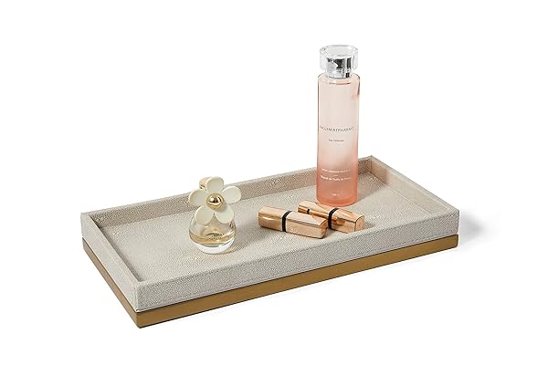 N/W Ivory Faux Shagreen Leather Decorative Tray with Brushed Gold Base for Vanity Bathroom and Bedroom Organizer - View 4 of 7