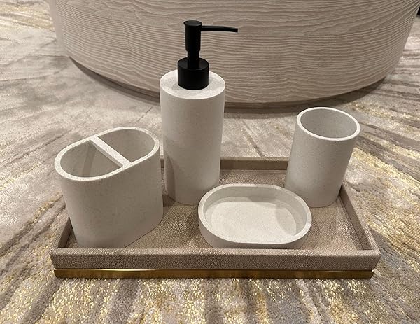 N/W Ivory Faux Shagreen Leather Decorative Tray with Brushed Gold Base for Vanity Bathroom and Bedroom Organizer - View 5 of 7