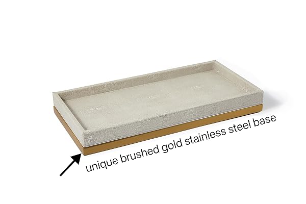 N/W Ivory Faux Shagreen Leather Decorative Tray with Brushed Gold Base for Vanity Bathroom and Bedroom Organizer - View 6 of 7