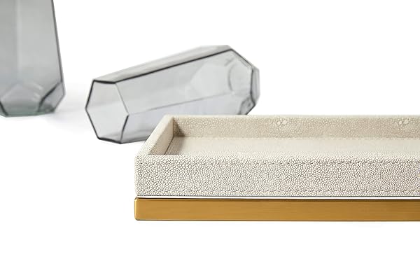 N/W Ivory Faux Shagreen Leather Decorative Tray with Brushed Gold Base for Vanity Bathroom and Bedroom Organizer - View 7 of 7