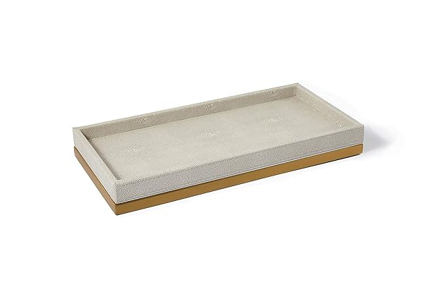 N/W Ivory Faux Shagreen Leather Decorative Tray with Brushed Gold Base for Vanity Bathroom and Bedroom Organizer - View 2 of 7