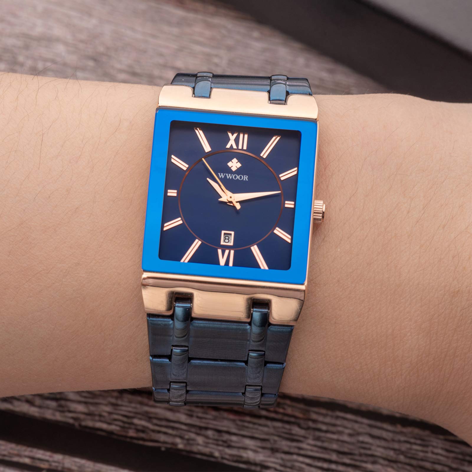 WWOOR Square Watches for Men Stainless Steel Waterproof Analog Quartz Fashion Business Casual Wristwatch with Date - View 3 of 7