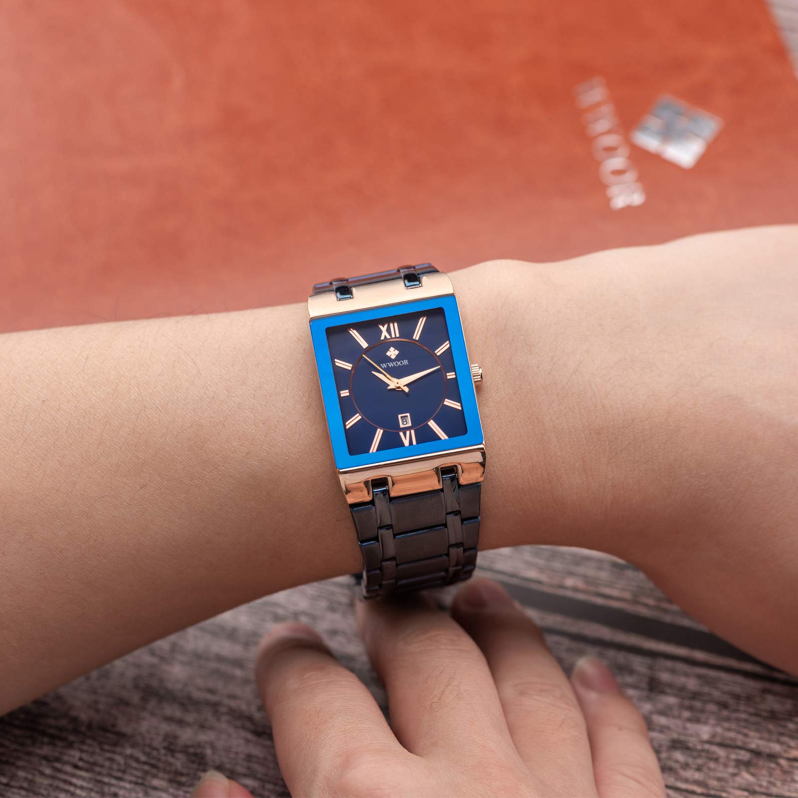 WWOOR Square Watches for Men Stainless Steel Waterproof Analog Quartz Fashion Business Casual Wristwatch with Date - View 4 of 7