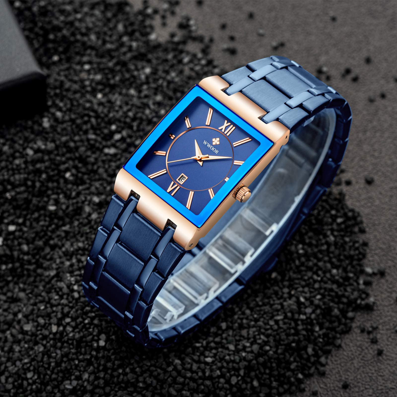 WWOOR Square Watches for Men Stainless Steel Waterproof Analog Quartz Fashion Business Casual Wristwatch with Date - View 5 of 7